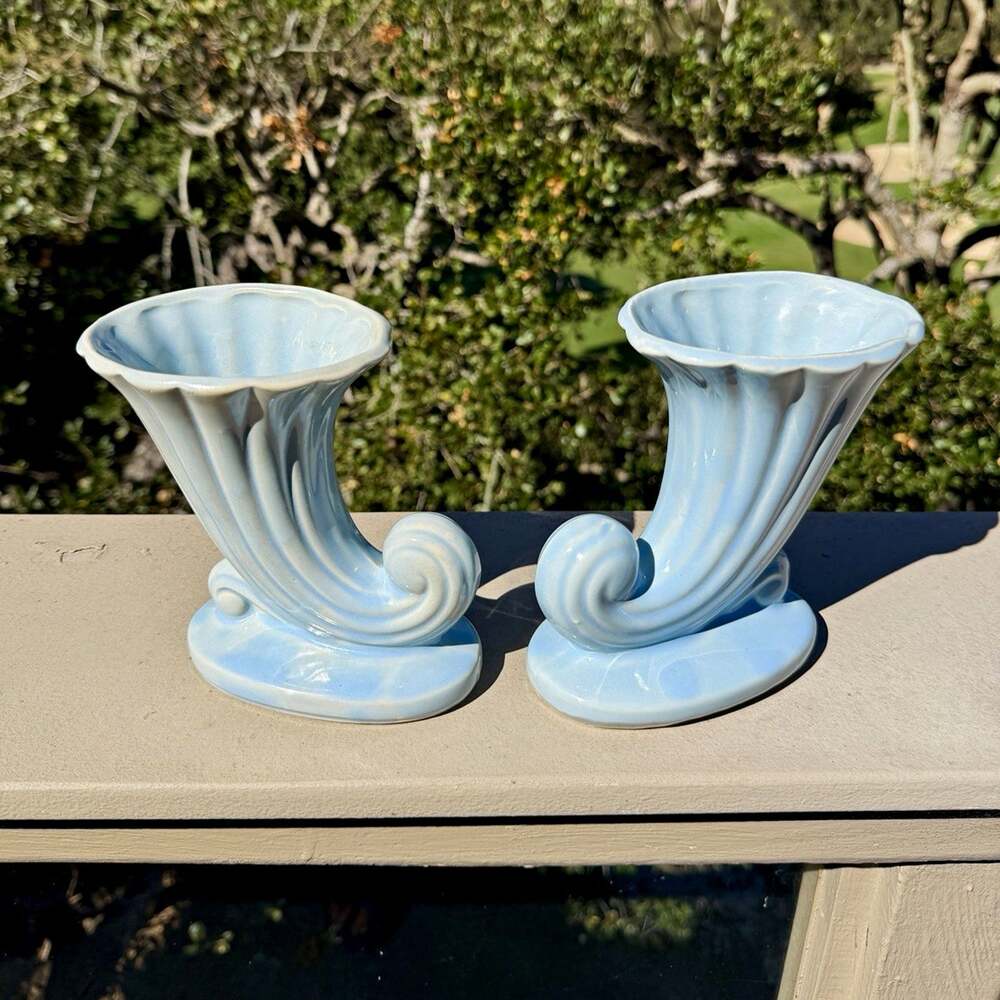 2 Vintage USA Pottery Pale Blue Cornucopia Vases Pair MCM Art Deco 6”